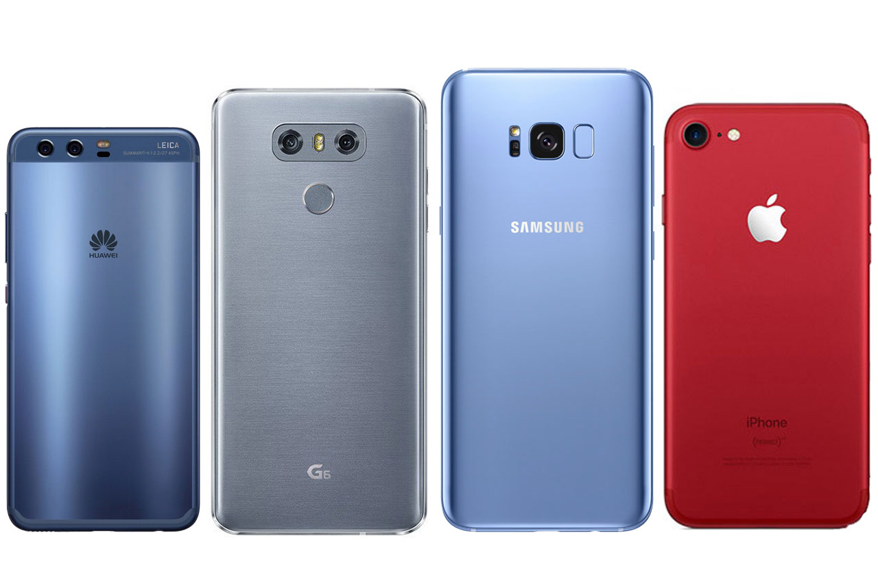 מימין לשמאל: אייפון 7, גלקסי S8, ה-LG G6 ו-Huawei P10