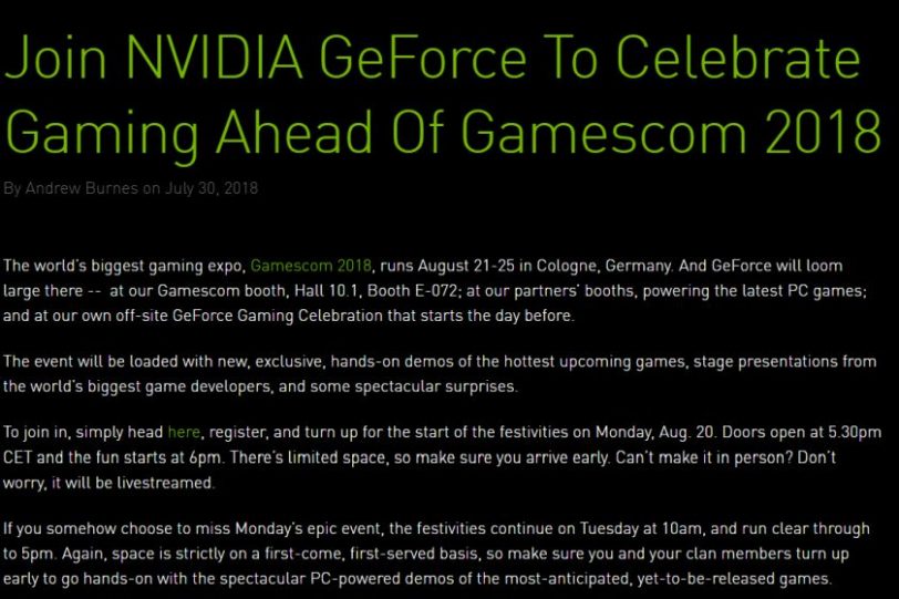 הזמנת nvidia לתערוכת Gamescom (מקור nvidia)