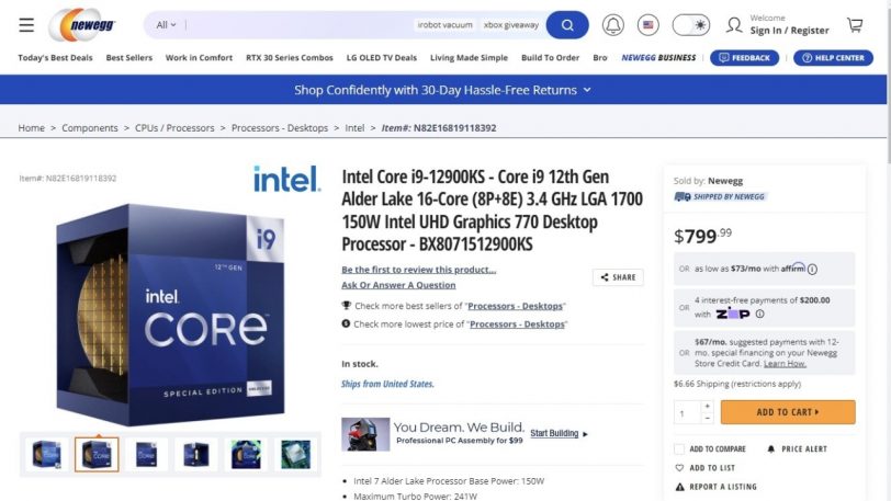 עמוד המכירה של מעבד ה-Core i9-12900KS באתר NewEgg (מקור techpowerup)