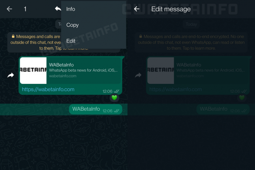 אפשרות לעריכת הודעות בוואטסאפ לאחר השליחה שלהן (מקור wabetainfo)