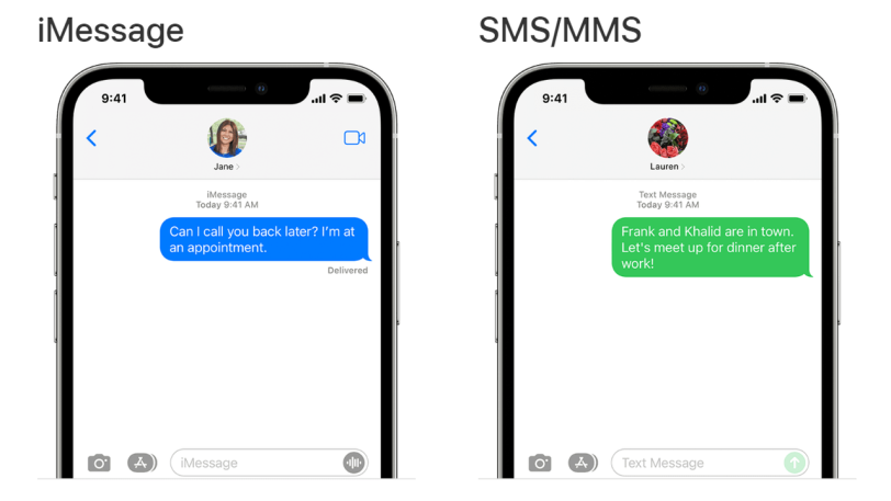בועת ה-iMessage הכחולה ובועת ה-SMS/MMS הירוקה (מקור אפל)