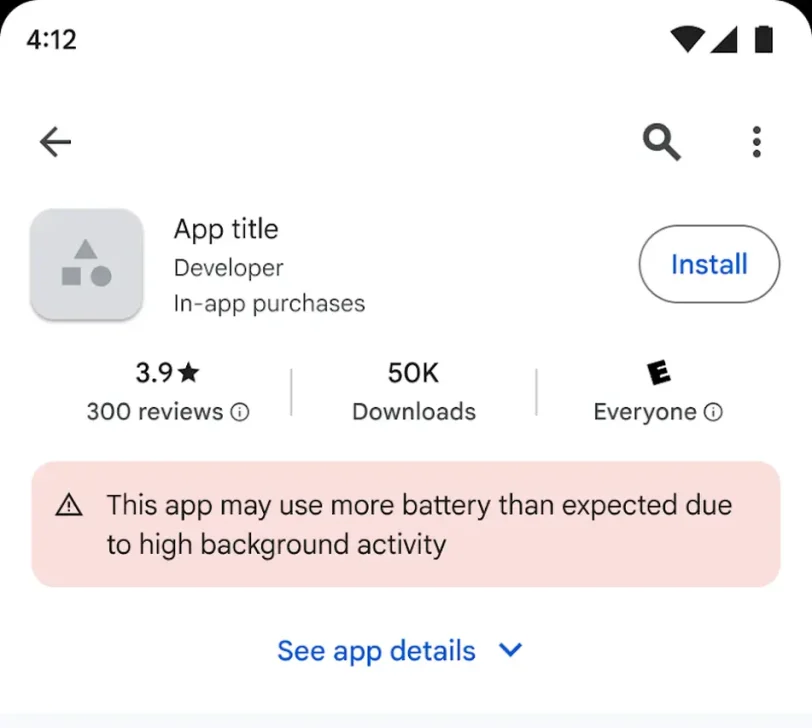 התראה בחנות ה-Play Store על אפליקציה עם צריכת סוללה גבוהה (מקור גוגל)
