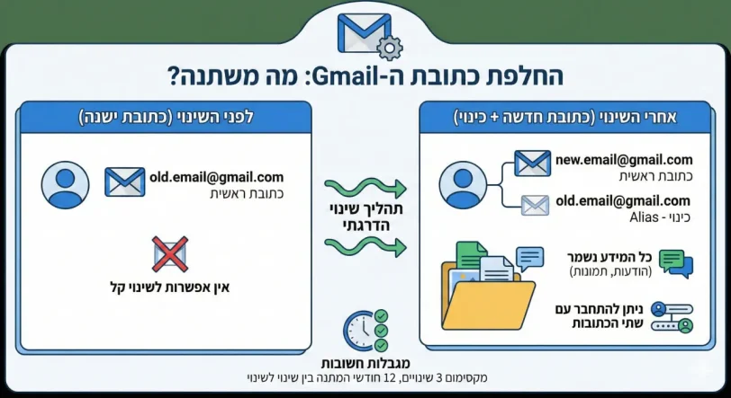 שינוי שם חשבון ה-Gmail ויצירת Alias