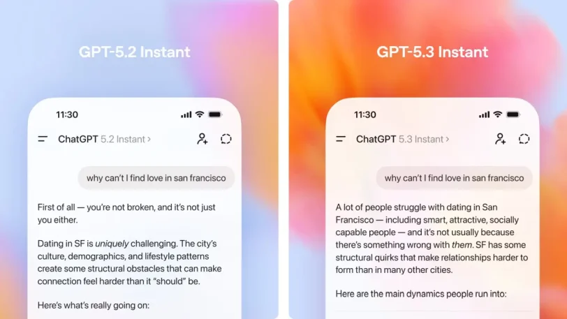 השוואת תגובה בין GPT-5.2 Instant ו-GPT-5.3 Instant (מקור OpenAI)