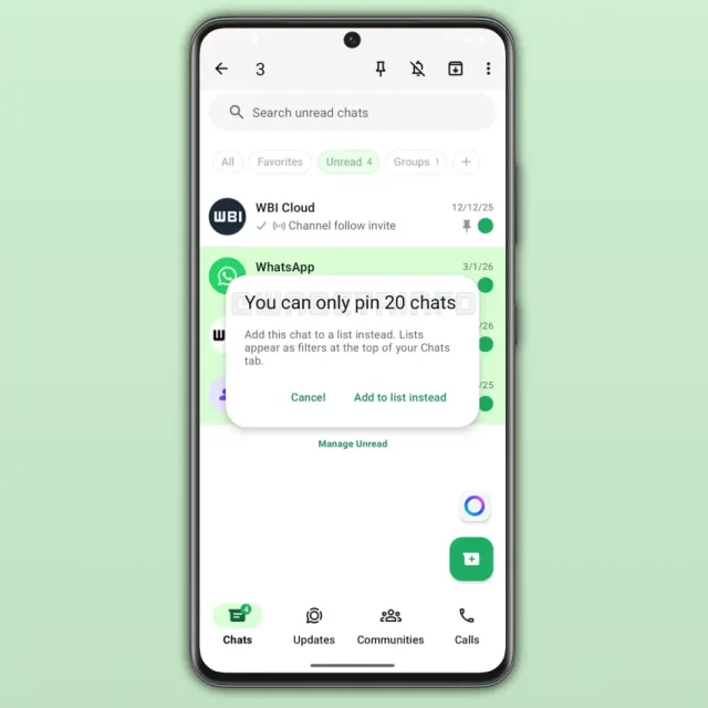 נעיצת שיחות בוואטסאפ פלוס (מקור WABetaInfo)