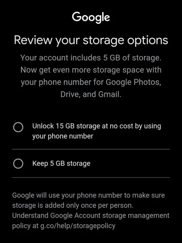 בקשת אימות מספר טלפון לקבלת נפח 15GB (מקור רדיט/sungusungu)