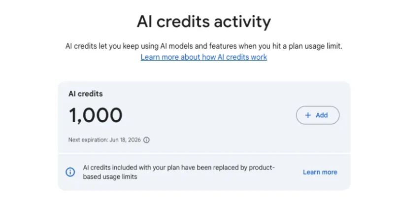 1,000 הקרדיטים הקיימים בחשבון AI Pro של גוגל (צילומסך)