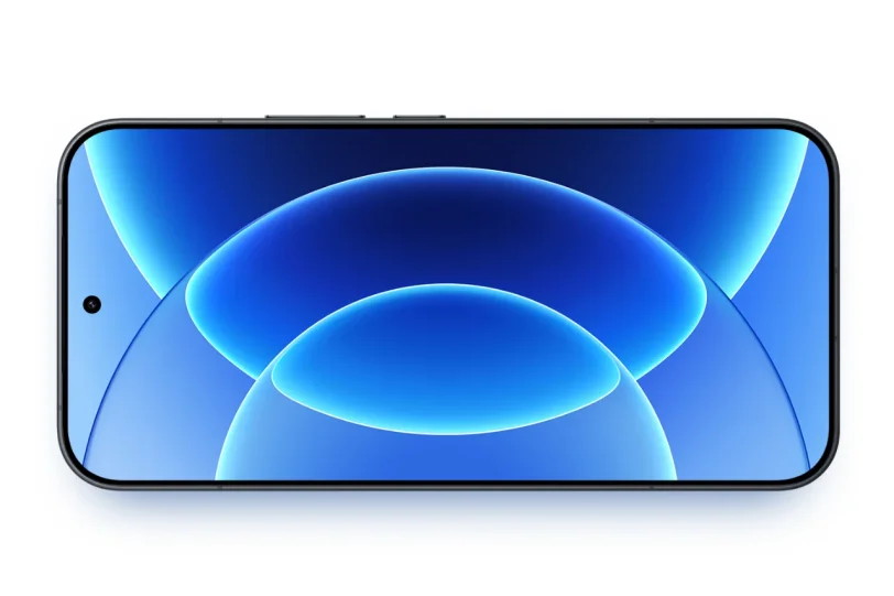 Black smartphone with an edge-to-edge display showing a blue abstract wallpaper; punch-hole camera on the left side.