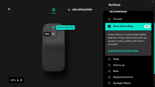 UI mockup showing a dark handheld device with a cyan 'Show Actions Ring' tag and a Back button; right side shows an 'Actions' menu with a description card and list of actions.