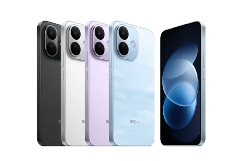 Back-view shot of five Redmi smartphones in black, white, lavender, pastel blue, and light blue, each with a large circular triple-camera module and subtle branding; a separate phone shows the front display on the right.