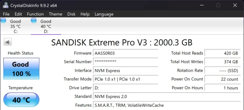 פרטי כונן ה-SanDisk Extreme Pro V3 ב-CrystalDiskInfo